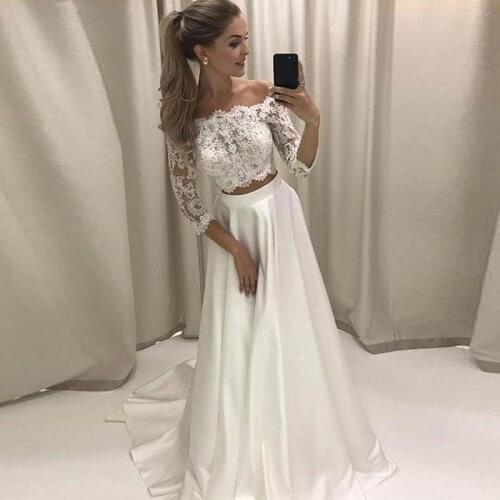 UZN Two Pieces Wedding Dress 2021 Strapless Lace Satin Boho Wedding Gown with Half Sleeve A-Line Custom Made Beach Bride Dress