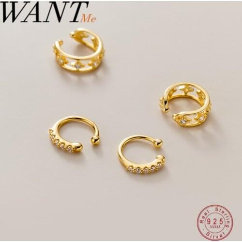 WANTME Luxury Gold Pave Zircon Hollow Star Ear Clip for Women Real 925 Sterling Silver Non-pierced Ear Bone Clip Earring Jewelry