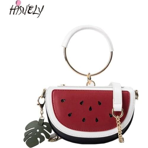 2021 New summer design watermelon lemon bag for women Cute fruit handbag women Metal ring tote bag PU leather chain shoulder bag