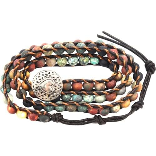 Women Bohemian Boho Bracelets Vintage Leather And Natural Stone 3 Multi-Layer Strands Woven Handmade Wrap Bracelets Heart Charm