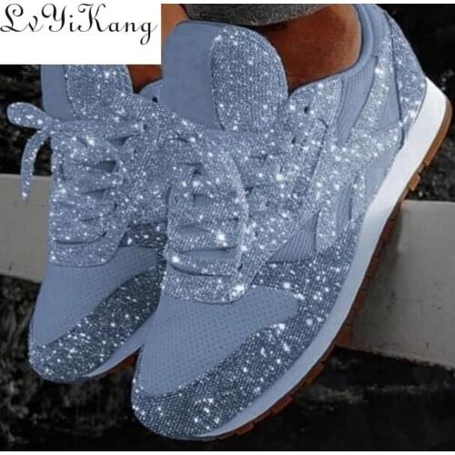 Womens Casual Sneakers Trendy Breathable Crystal Sequins Lace Up Low-Top Round Sneakers