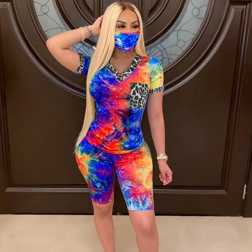Tie Dye Print Two Piece Set for Women Tracksuit Short Sleeve V Neck Top Biker Shorts Set Skinny Elastic Loungewear Matching Sets