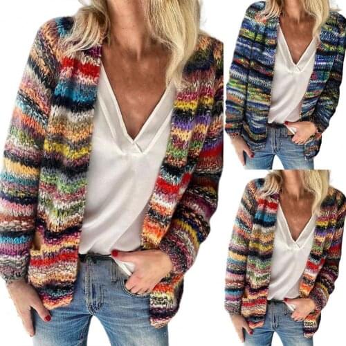 New Women Vintage Sweater Outwear Rainbow Stripes Temperament Autumn Winter Long Sleeve Knitted Cardigan Coat Tops