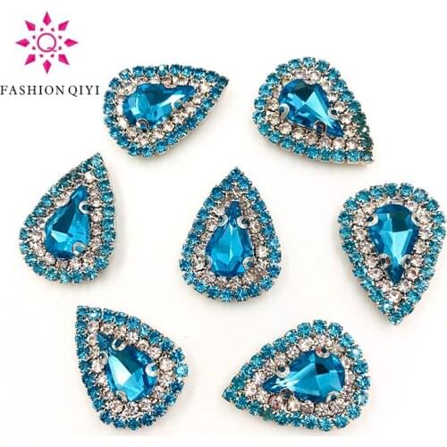 8X13mm Lake blue DR shape sew on rhinestones Color chain+Color rhinestones Glass Crystal Buckle DIY clothing accessories