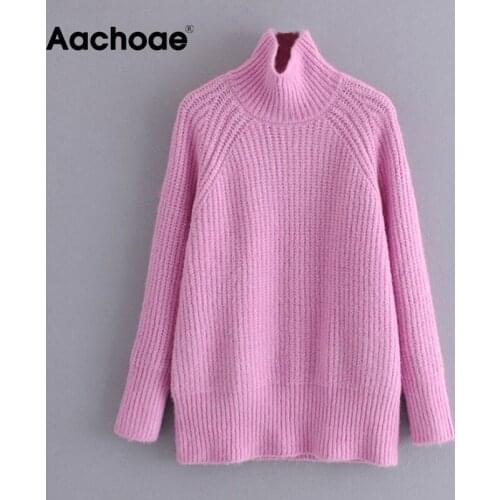 Aachoae Solid Pullover Sweater Women Casual Trtleneck Knitted Tops Batwing Long Sleeve Loose Ladies Sweaters Sweter Damski S-L