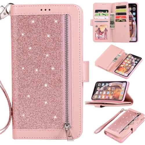 Glitter Zipper Flip Leather Case For iPhone SE 2020 12 11 Pro Max X 10 XR XS Max 6 6s 7 8 Plus Wallet Book Stands Phone Case