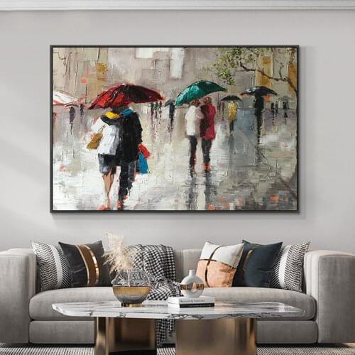 Rainy Street Walking Passersby Oil Painting Wall Art Canvas Painting Posters and Print Nordoc Picture For Living Room Home Decor