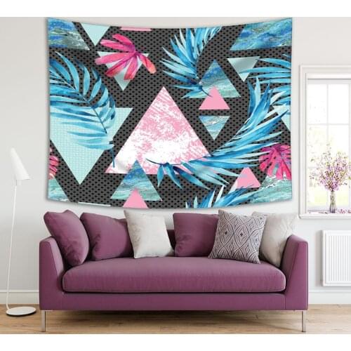 Tapestry Exotic Leaves on Triangle Geometric Patterns Marble Grunge Effect Vintage Style Art Blue Pink