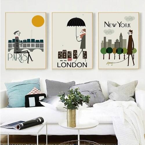 High Definition Paris London New York City Cartoon Landscape Paintings Modular Pictures Wall Art Canvas for Living Room Decorat