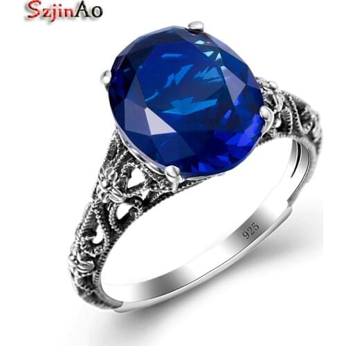 Szjinao Charm 925 Sterling Silver Ring Kpop Blue Sapphire Vintage Rings For Women Undefined Handmade Designer Fine Jewelry Retro