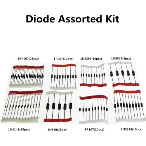 100pcs 8 values Diode Assorted Kit 1N4148 1N4007 1N5819 1N5399 1N5408 1N5822 FR107 FR207 Electronic Components Package