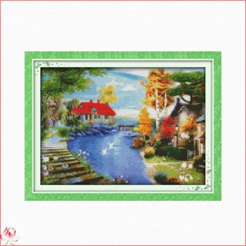 Joy Sunday The Red House Near The Lake Cross Stitch Kits Handmade Embroidery 11CT 14CT DIY Counted Printed Needlework Decoration