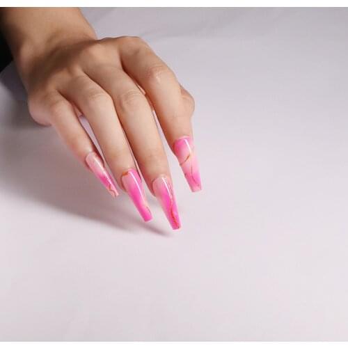 Durable Reusable Pastel Rose Pink Press On Nails with Adhesive Tabs Long Studs Wave Gold Thread Coffin Fake Nails SM14201043