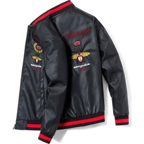 New Men PU Leather Jacket Embroidery Clothes Youth Slim O-Neck Casual Large Size Long Sleeve zipper thin Outerwear Fur Coat