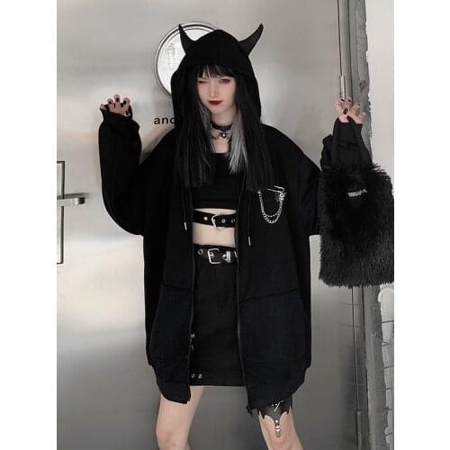 New 2021 Women Casual Loose Spring Sweatshirt Devil Horn Hooded Hoodies Japanese Punk Gothic zip up Black Coat korean Plus Size