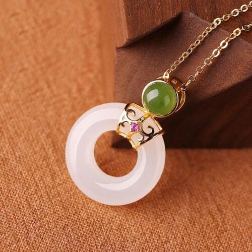 Natural Jade Hotian Jade Pendant Womens Gold Inlaid with Jade Safety Jade Ring Safety Buckle Pendant Jade Pendant Hanging Ornam
