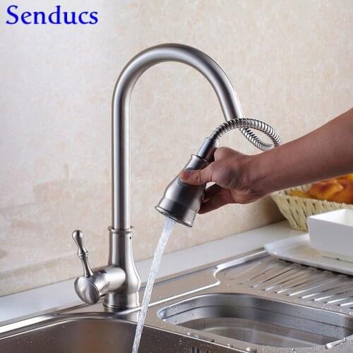 Senducs Brushed Pull Out Kitchen Faucet Solid Brass Kitchen Sink Mixer Tap Luxury High Arch Copper Pull Down Kitchen Faucet
