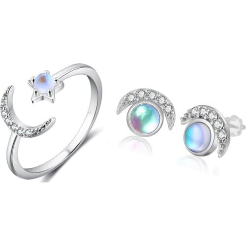 Sun Moon 925 Sterling Silver Jewelry Sets Moonstone Ring Earrings for Women Bridal Wedding Jewelry Valentines Day Gift