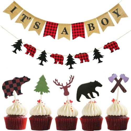 30Pcs Lumberjack Cupcake Toppers Lumberjack Theme Banner Woodland Buffalo Plaid Garland Bear Baby Show Party Decoration Supplies