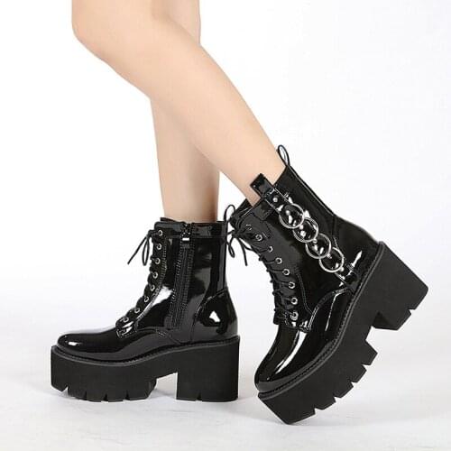 Women Autumn Boots Lace Patent Leather Woman Boots Platform Black Ankle Boots Party Chunky Punk Goth Shoes Ladies Side Zipper