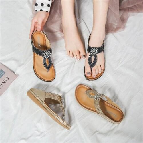 Womens slippers fashion flip flops Bohemian diamond-studded beaded beach shoes non-slip comfortable flower-decorated shoes