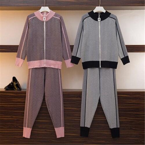 Autumn New Women Knitting Tracksuit Zipper Cardigans + Elastic Waist Long Pants Female Winter Fashion Design 2 Pcs Sports Set