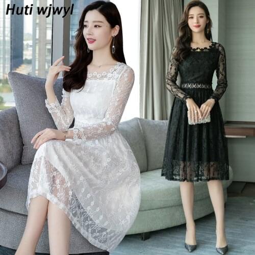 2021 Korean White Lace Sexy Midi Dress Autumn Vintage Plus Size Long Sleeve Dresses Women Elegant Bodycon Black Party Vestidos