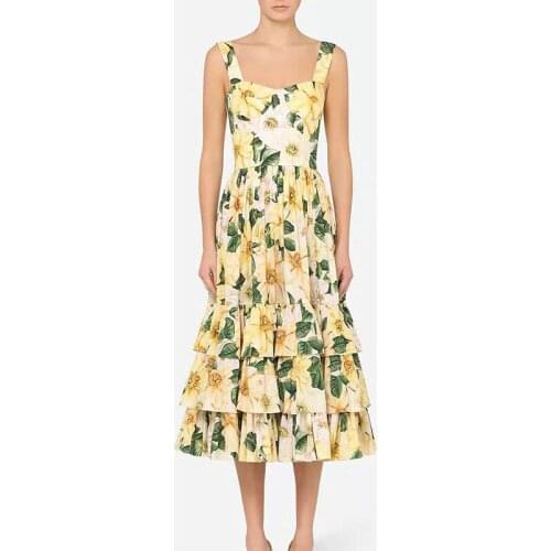 Free Shipping 2021 New Arrival Floral Sling Dress Women Summer Designer Fashion High Waist Long Cupcake Dresses