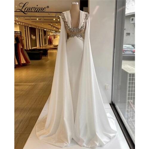 Lowime Dubai Puffy Long Sleeve Elegant Evening Dresses 2021 Couture Crystal Beaded Plus Size Middle East Arabic Party Dress Gown