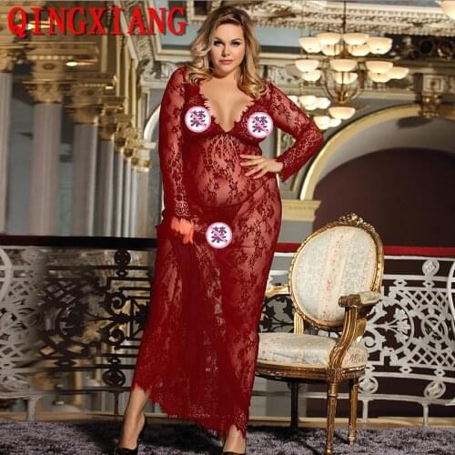 2021 M-5XL Plus Size Long Sleeves Women Deep V Neck Sleeping Wear Transparent Night Dress Long Sexy Sleeping Gown