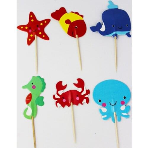 48pcs Ocean Animal Theme Party Supplies Cartoon Cupcake Toppers Pick Kid Birthday Party Decorations
