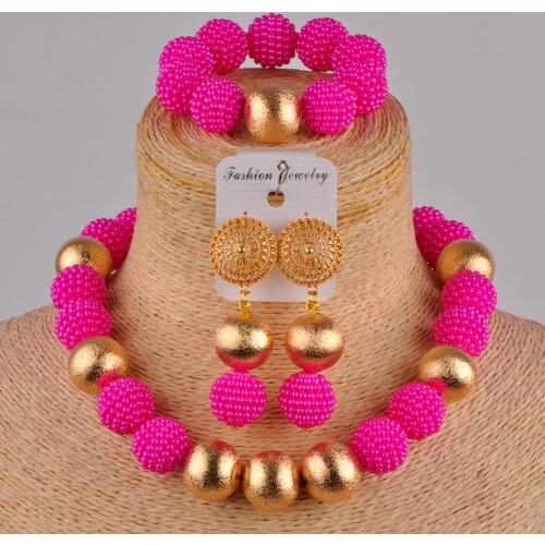 African fuchsia pink jewelry set simulated pearl beads necklace nigerian wedding jewelry sets for women FZZ36
