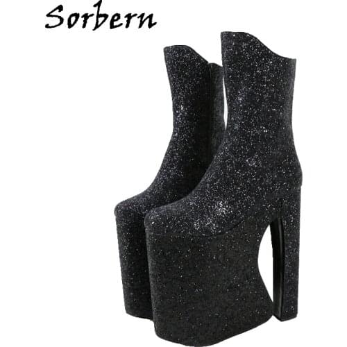 Sorbern Black Glitter Block Heel Boots Mid Calf Long Front Dragqueen Style Boot Custotm 15Cm To 30Cm High Heel Plus Size Shoes