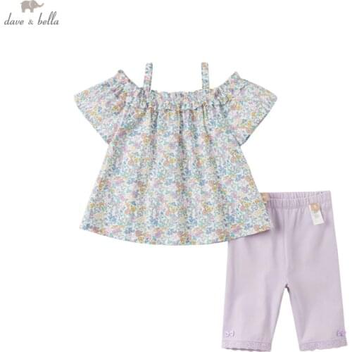 DBM18074 dave bella summer baby girls cute bow floral print clothing sets kids fashion short sleeve sets children 2 pcs suit
