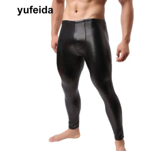 Faux Leather Mens Long Johns Trousers Long Pants Muscle Tights Leggings Black Costume Party Stage Dance Clubwear Gym Sports Pant