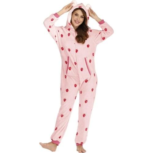 Kigurumi Adult Pink Fruit Print Onesies Pajamas Halloween Party Costume Jumpsuits Hooded Pyjamas Suit Outfit
