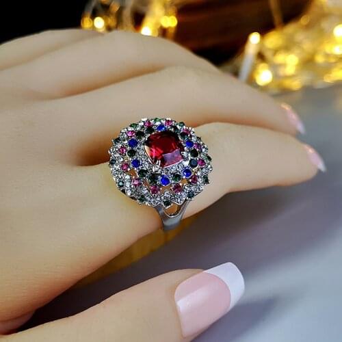 Fashionable New Style Christmas Night Starry Red Corundum Stone Ring European and American Color Diamond Bridal Jewellery