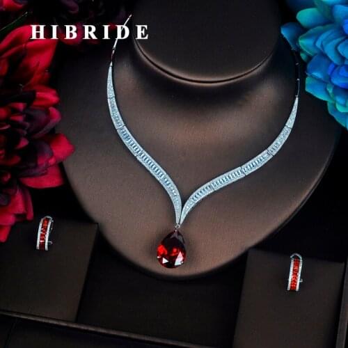 HIBRIDE Luxury Red Water Drop Cubic Zirconia Women Jewelry Sets Necklace Set Wedding Bride Dress Accessories Party Show N-372