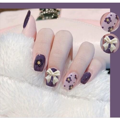 Lavender purple pure color with flower cartoon pattern and butterfly bow 3d decorated fake nails Design false nails 24pcs/set