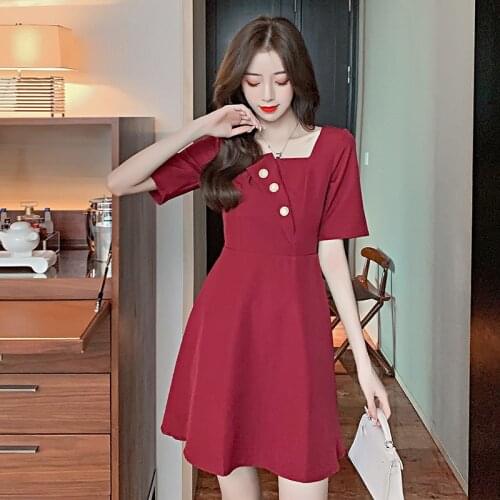 Summer new fashion Casual Party banquet Dresses Womens Square collar Fashion Summer Dress Short Sleeve Midi Dress dress red