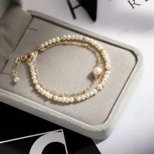 Best seller bridalNew design fashion double rows natural white real pearls jewelry women gold bracelet with 5cm extension