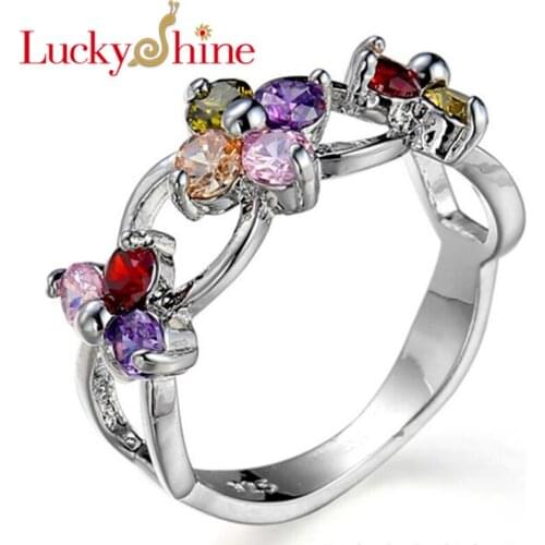 Luckyshine AAAA Flower Fire Colored Mystic Crystal Cubic Zirconia Silver Rings for Women Wedding Party Holiday Christmas Gifts
