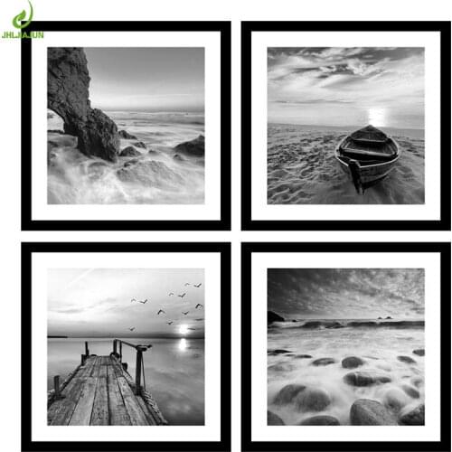 JHLJIAJUN 4 Piece Black White Sea View Canvas Art Decoration Home Modular Picture Art Decorative No Frame Nordic Decor Picture