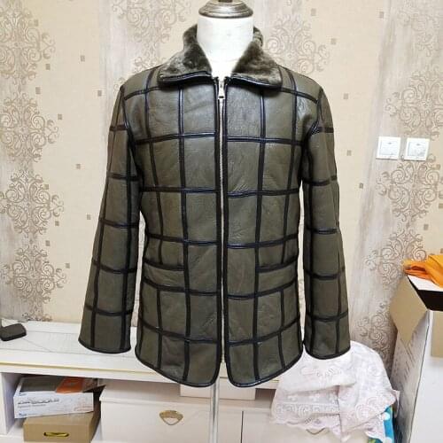 Winter warm mens fur one sheep shearing leather plaid outdoor cotton coat leather jacket thick warm skin