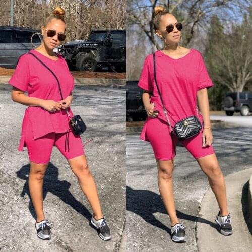 Summer New Womens 2 Pieces Shorts Sets T-shirt + Biker Shorts Outfits Elastic High Rise Shorts Suits Set