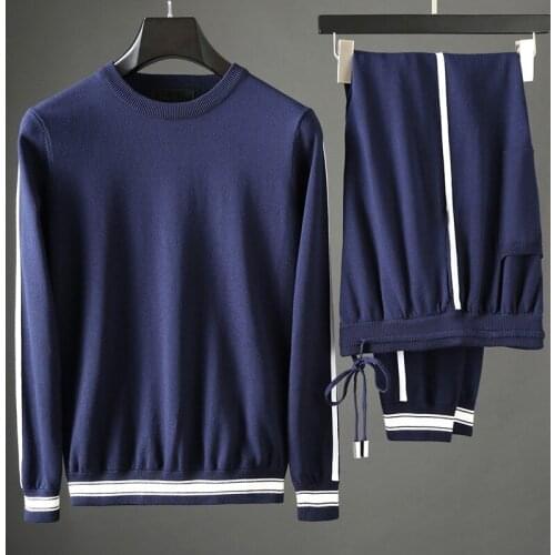 New Mens Sets (Sweater+Pants) Luxury Contrast Color Round Collar Casual Sport Male Suits Fashion Slim Fit Man Pants 3XL