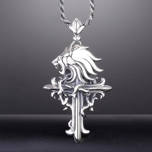 FANTASY VIII FINAL Lion Head 925 Sterling Thai Silver Cross Pendant Necklace FFVIII Cosplay Accessory Men Jewelry Birthday Gifts