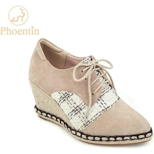 Phoentin 2020 fashion wedge high heels pumps women shoes lace up apricot microfiber shoes pointed toe black plus size 44 FT834
