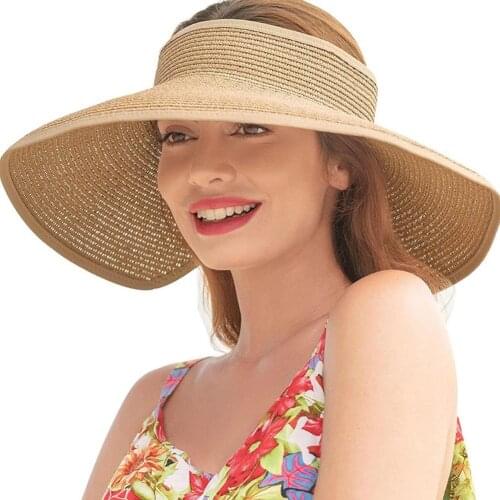 Magic Tape Panama Women Straw Hat Empty Top Women 2021 New Summer Hat Sun Protection UPF 50+ Wide Brim Outdoor Sports Beach Cap