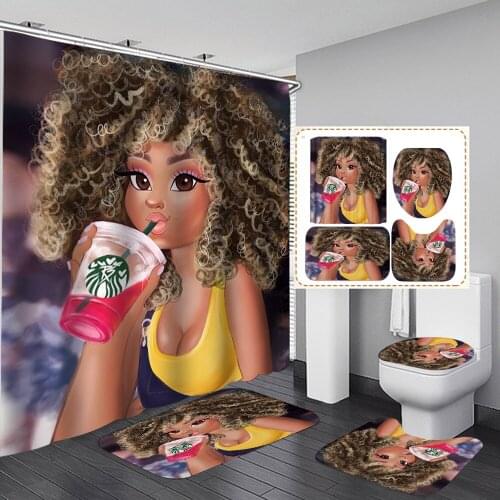 African Cute Loli Shower Curtain Waterproof Drink Beverage Girl Toilet Cover Bath Mat Non Slip Rugs Bathroom Curtains with Hooks